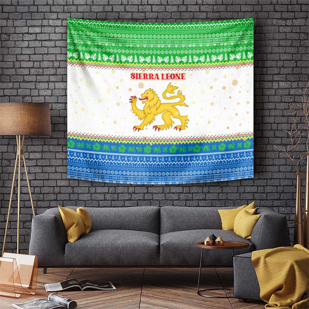 Sierra Leone Christmas Tapestry with Festive Green Pattern, Golden Lion Emblem, and Santa Sleigh Motif - Wonder Print Shop