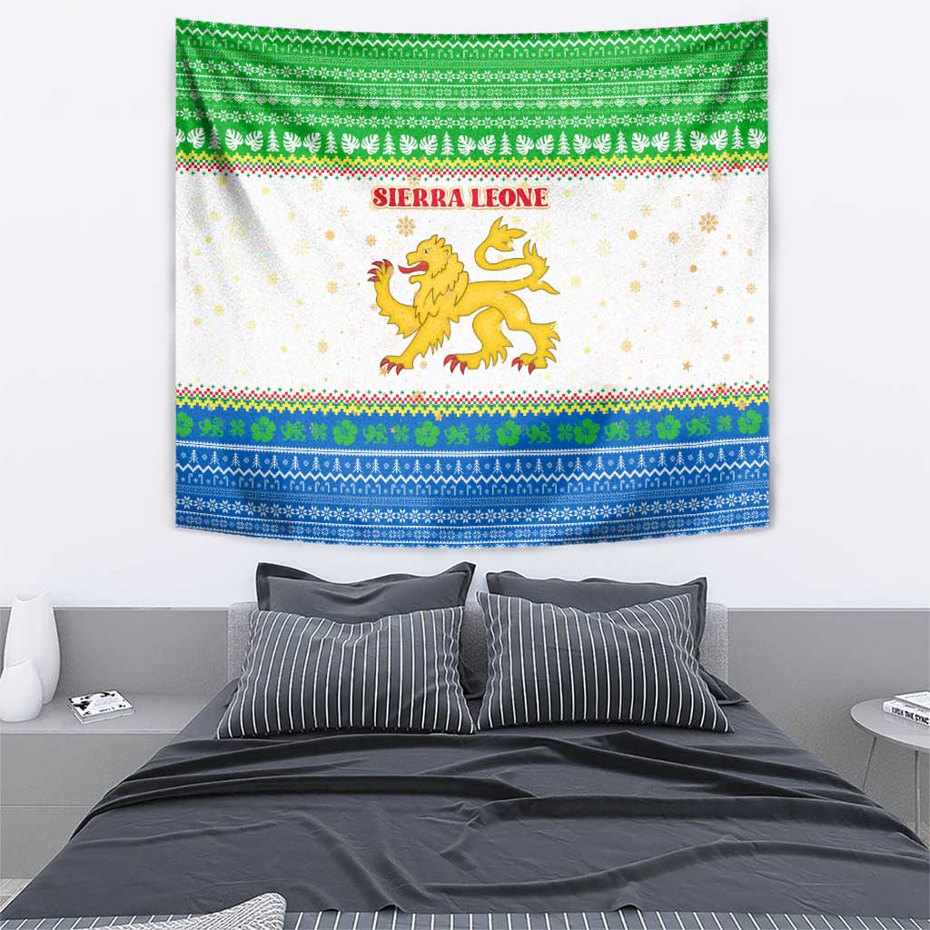 Sierra Leone Christmas Tapestry with Festive Green Pattern, Golden Lion Emblem, and Santa Sleigh Motif - Wonder Print Shop