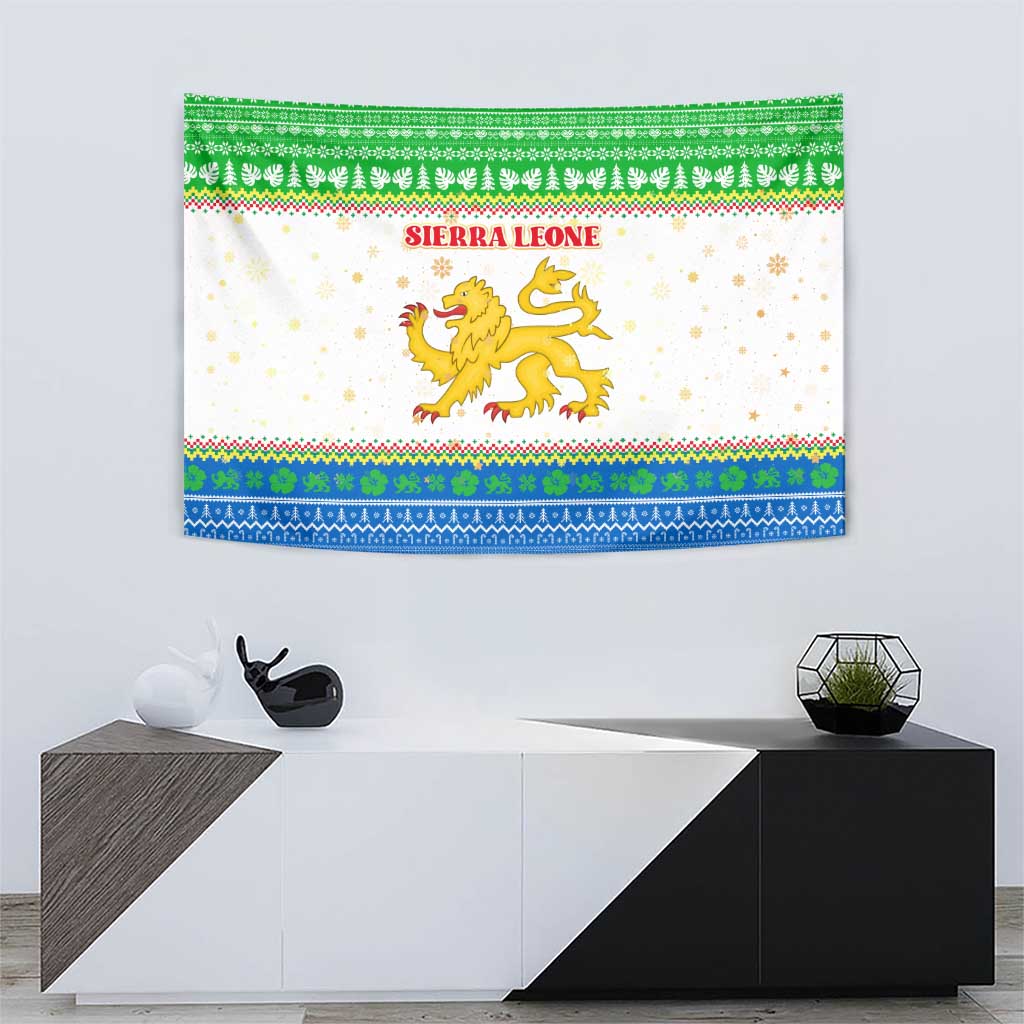 Sierra Leone Christmas Tapestry with Festive Green Pattern, Golden Lion Emblem, and Santa Sleigh Motif - Wonder Print Shop