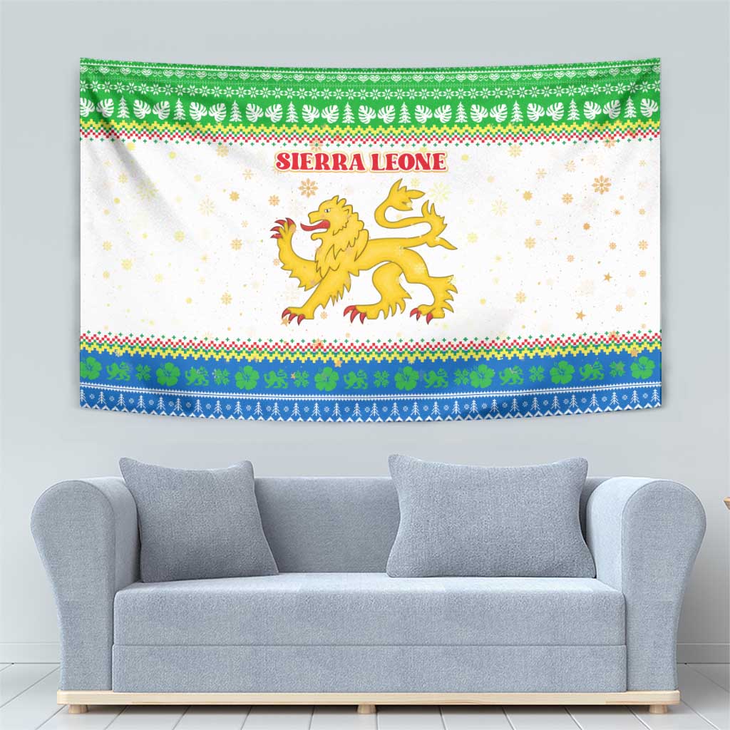 Sierra Leone Christmas Tapestry with Festive Green Pattern, Golden Lion Emblem, and Santa Sleigh Motif - Wonder Print Shop