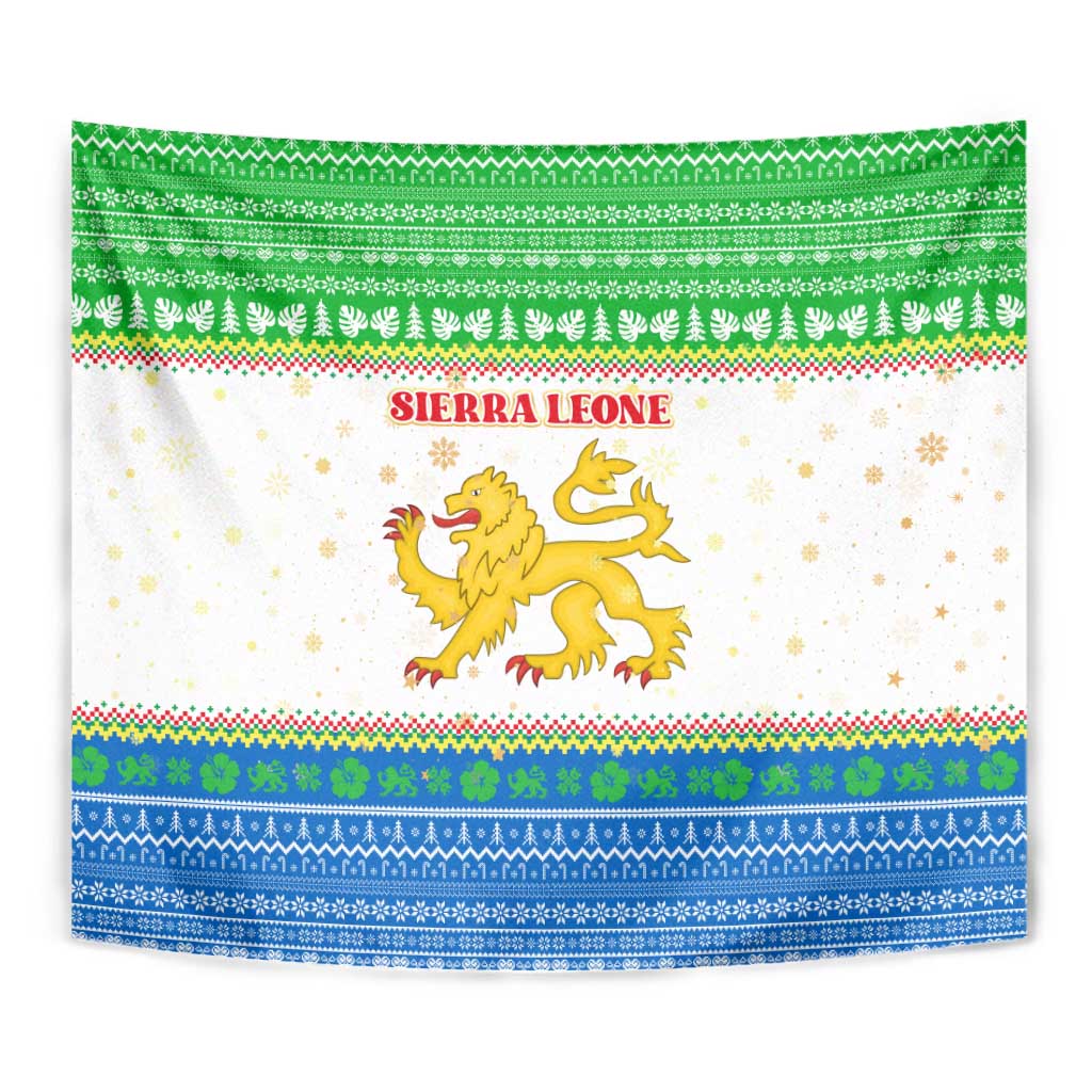 Sierra Leone Christmas Tapestry with Festive Green Pattern, Golden Lion Emblem, and Santa Sleigh Motif - Wonder Print Shop
