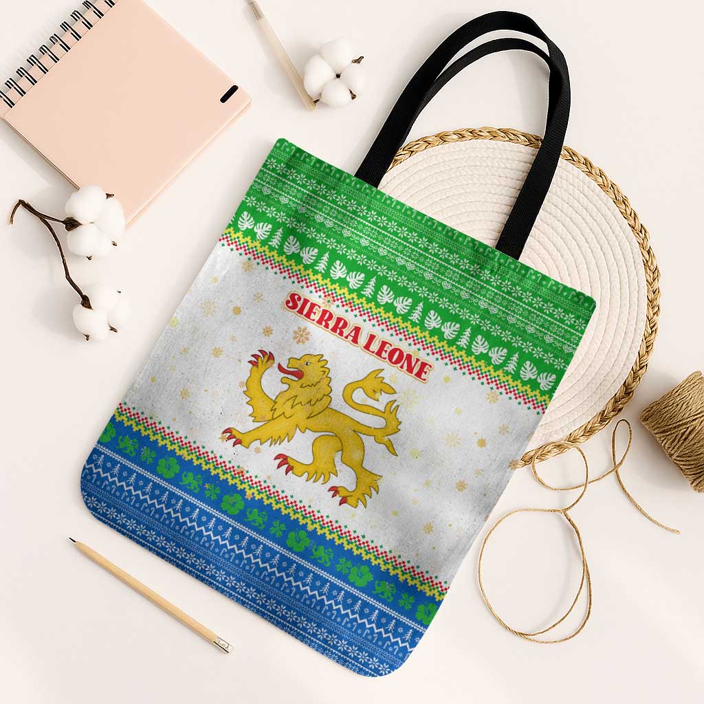 Sierra Leone Christmas Tote Bag with Festive Green Pattern, Golden Lion Emblem, and Santa Sleigh Motif - Wonder Print Shop