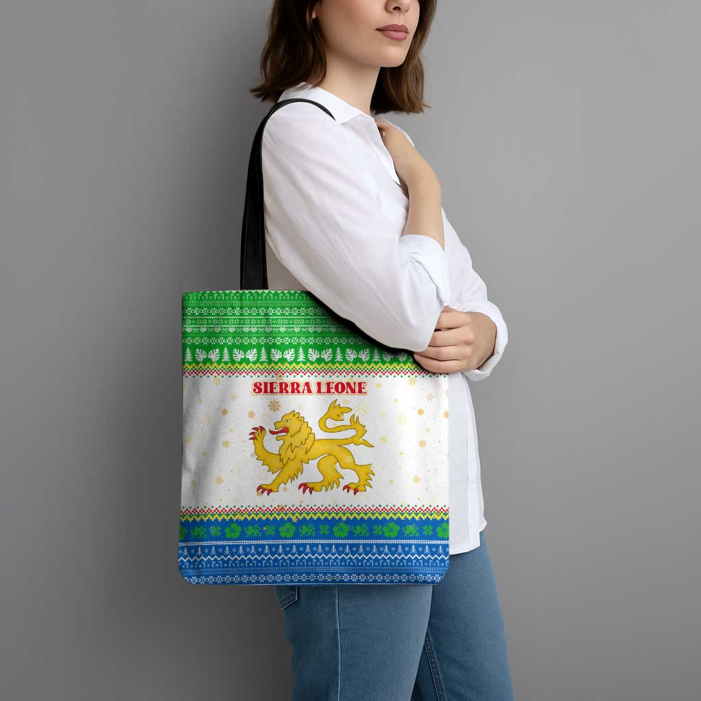 Sierra Leone Christmas Tote Bag with Festive Green Pattern, Golden Lion Emblem, and Santa Sleigh Motif - Wonder Print Shop