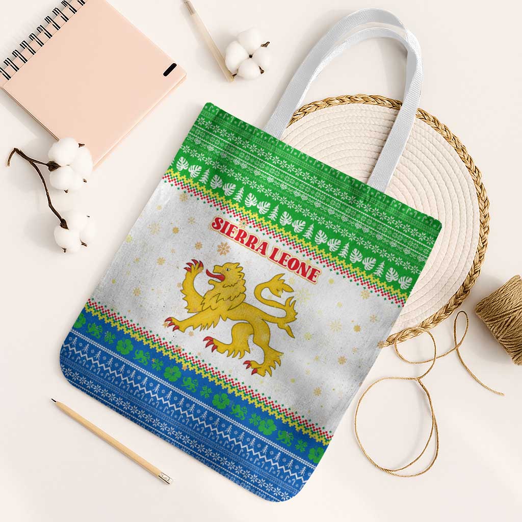Sierra Leone Christmas Tote Bag with Festive Green Pattern, Golden Lion Emblem, and Santa Sleigh Motif - Wonder Print Shop