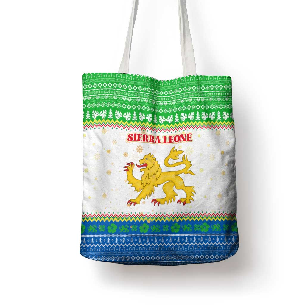 Sierra Leone Christmas Tote Bag with Festive Green Pattern, Golden Lion Emblem, and Santa Sleigh Motif - Wonder Print Shop