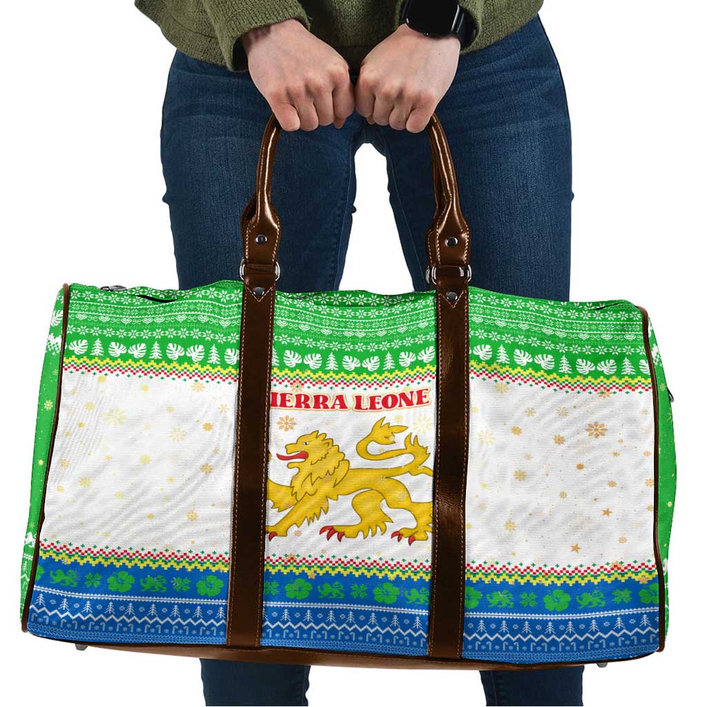 Sierra Leone Christmas Travel Bag with Festive Green Pattern, Golden Lion Emblem, and Santa Sleigh Motif - Wonder Print Shop