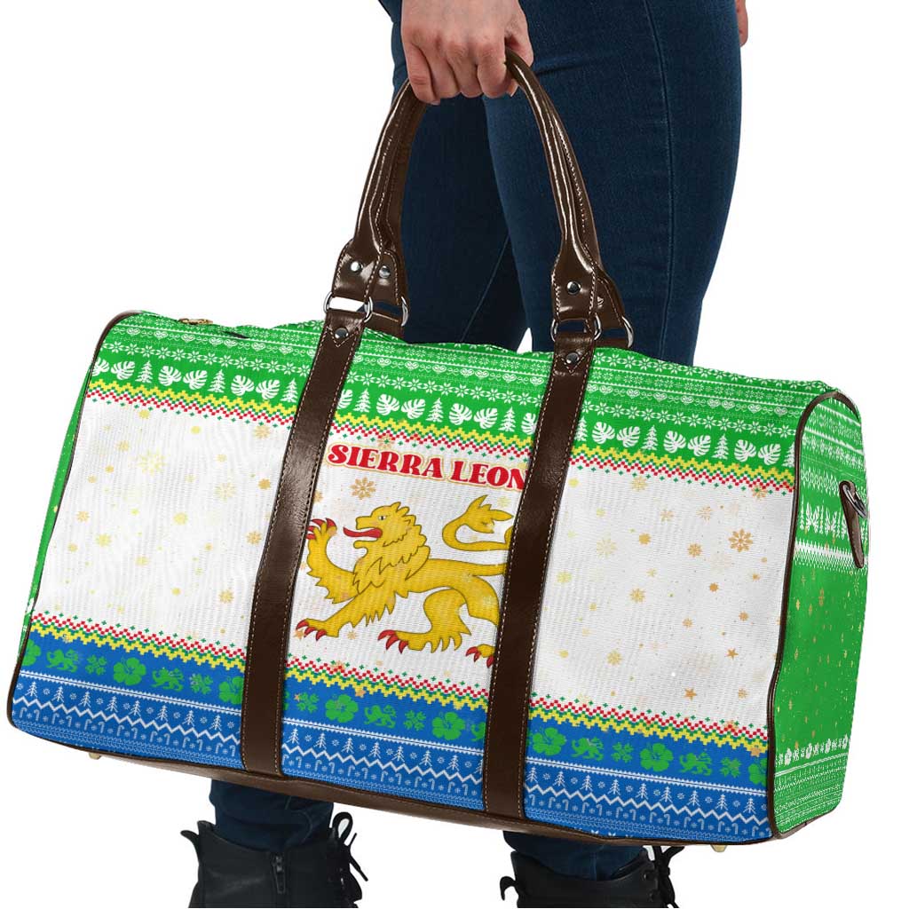 Sierra Leone Christmas Travel Bag with Festive Green Pattern, Golden Lion Emblem, and Santa Sleigh Motif - Wonder Print Shop