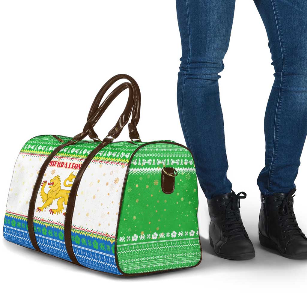 Sierra Leone Christmas Travel Bag with Festive Green Pattern, Golden Lion Emblem, and Santa Sleigh Motif - Wonder Print Shop