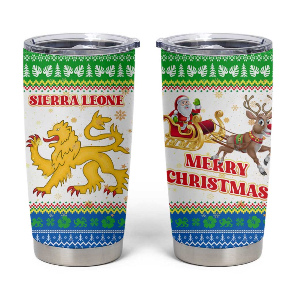 Sierra Leone Christmas Tumbler Cup with Festive Green Pattern, Golden Lion Emblem, and Santa Sleigh Motif - Wonder Print Shop