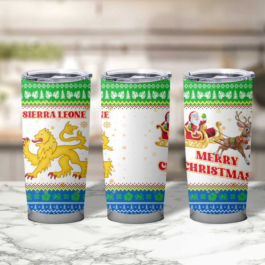 Sierra Leone Christmas Tumbler Cup with Festive Green Pattern, Golden Lion Emblem, and Santa Sleigh Motif - Wonder Print Shop