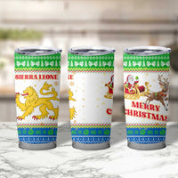Sierra Leone Christmas Tumbler Cup with Festive Green Pattern, Golden Lion Emblem, and Santa Sleigh Motif - Wonder Print Shop