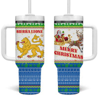 Sierra Leone Christmas Tumbler With Handle with Festive Green Pattern, Golden Lion Emblem, and Santa Sleigh Motif - Wonder Print Shop