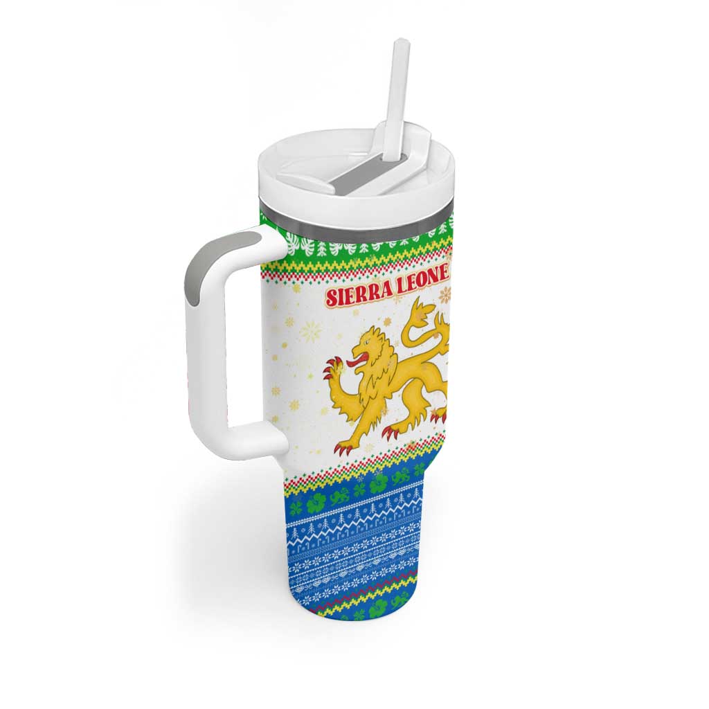 Sierra Leone Christmas Tumbler With Handle with Festive Green Pattern, Golden Lion Emblem, and Santa Sleigh Motif - Wonder Print Shop