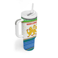 Sierra Leone Christmas Tumbler With Handle with Festive Green Pattern, Golden Lion Emblem, and Santa Sleigh Motif - Wonder Print Shop