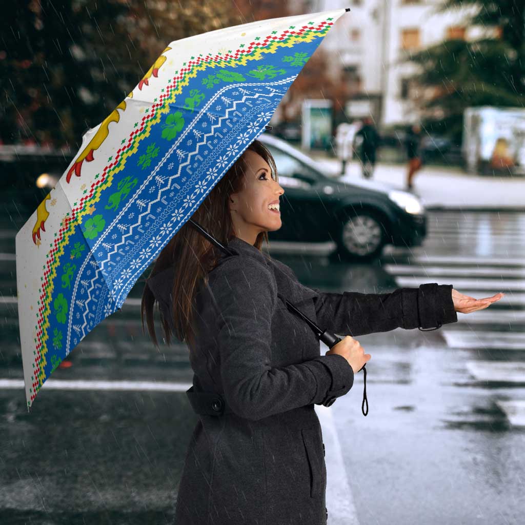 Sierra Leone Christmas Umbrella with Festive Green Pattern, Golden Lion Emblem, and Santa Sleigh Motif - Wonder Print Shop