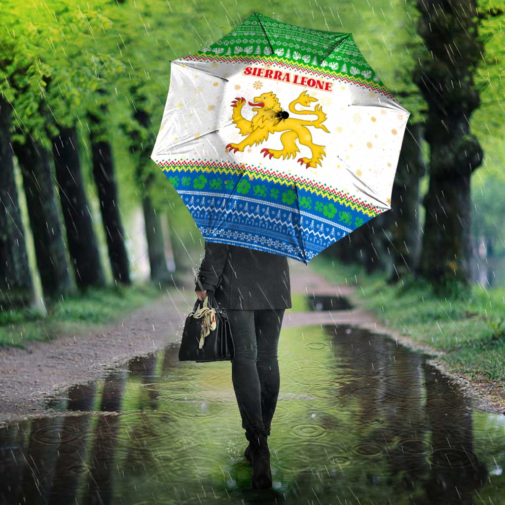 Sierra Leone Christmas Umbrella with Festive Green Pattern, Golden Lion Emblem, and Santa Sleigh Motif - Wonder Print Shop