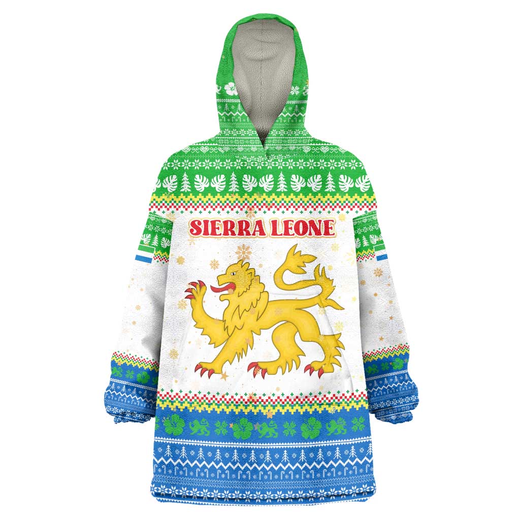 Sierra Leone Christmas Wearable Blanket Hoodie with Festive Green Pattern, Golden Lion Emblem, and Santa Sleigh Motif - Wonder Print Shop