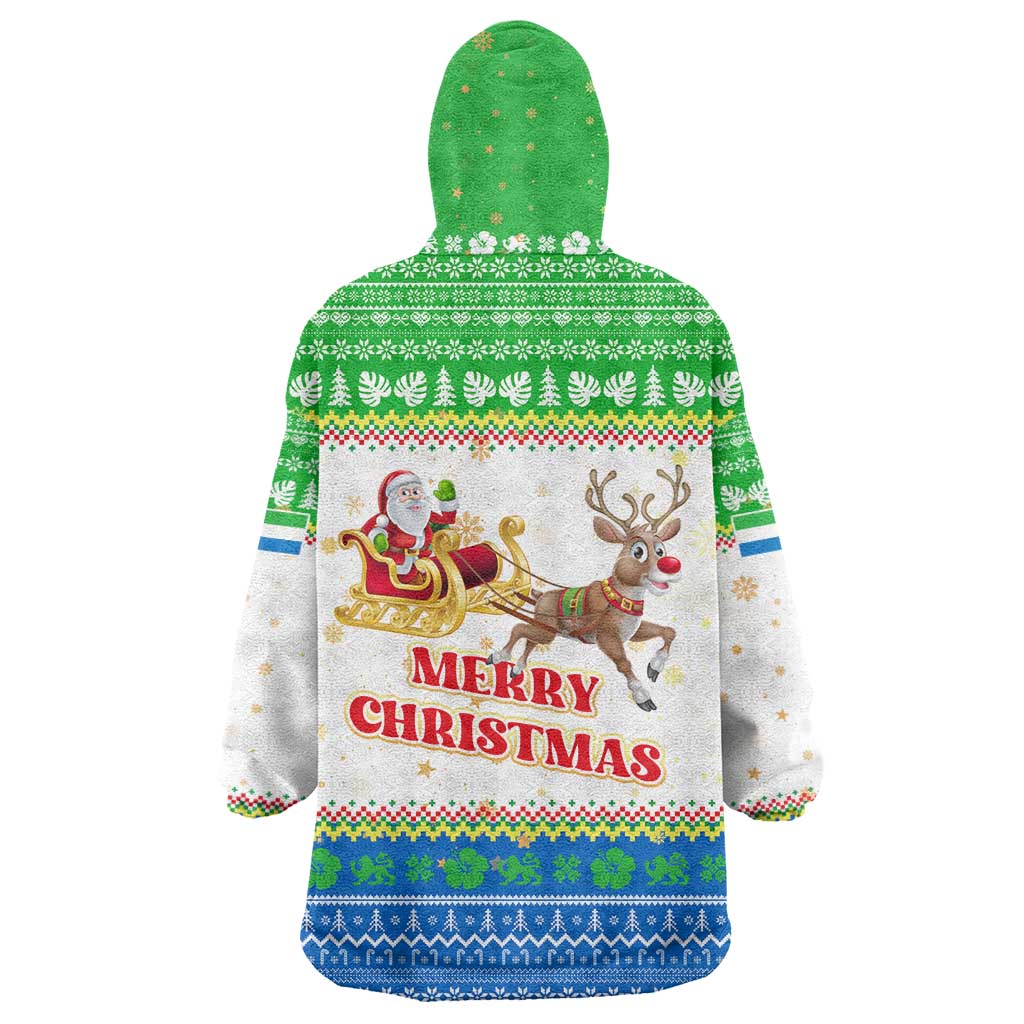 Sierra Leone Christmas Wearable Blanket Hoodie with Festive Green Pattern, Golden Lion Emblem, and Santa Sleigh Motif - Wonder Print Shop