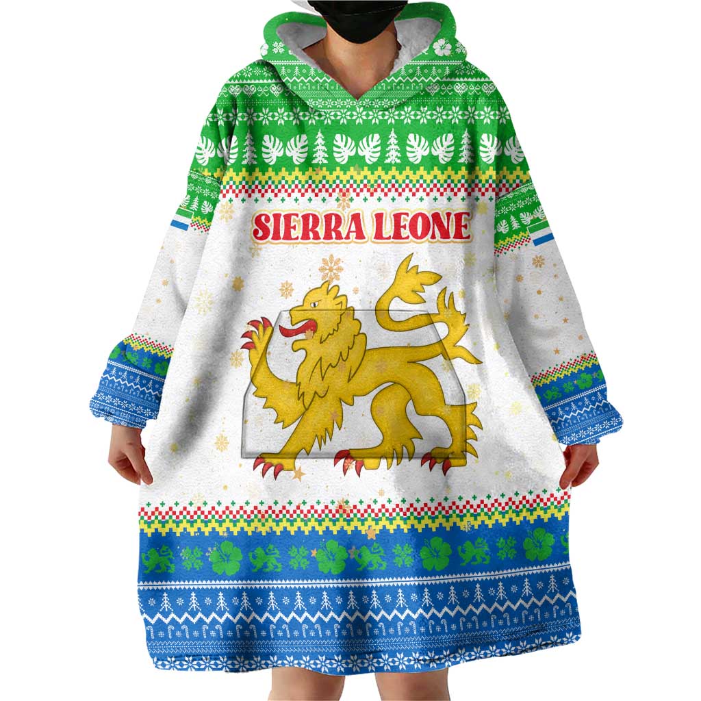 Sierra Leone Christmas Wearable Blanket Hoodie with Festive Green Pattern, Golden Lion Emblem, and Santa Sleigh Motif - Wonder Print Shop