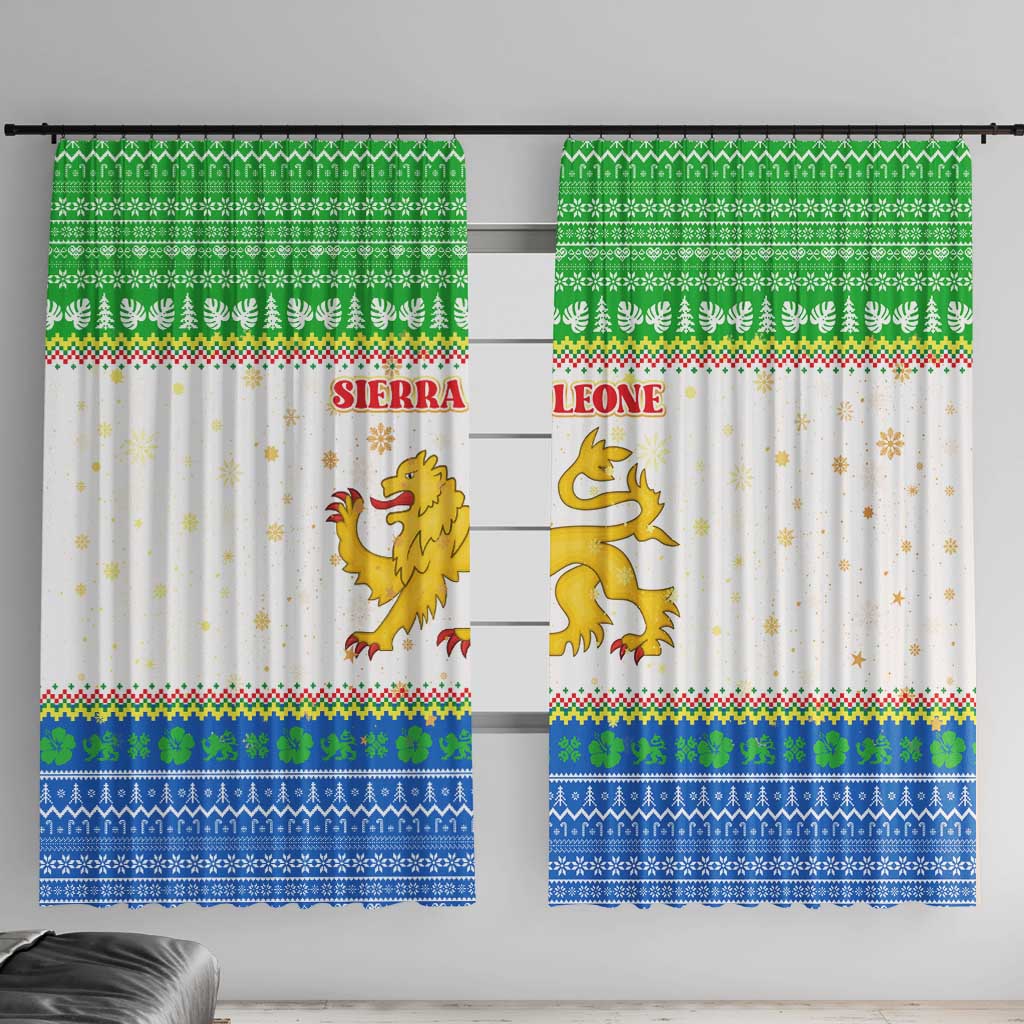 Sierra Leone Christmas Window Curtain with Festive Green Pattern, Golden Lion Emblem, and Santa Sleigh Motif - Wonder Print Shop
