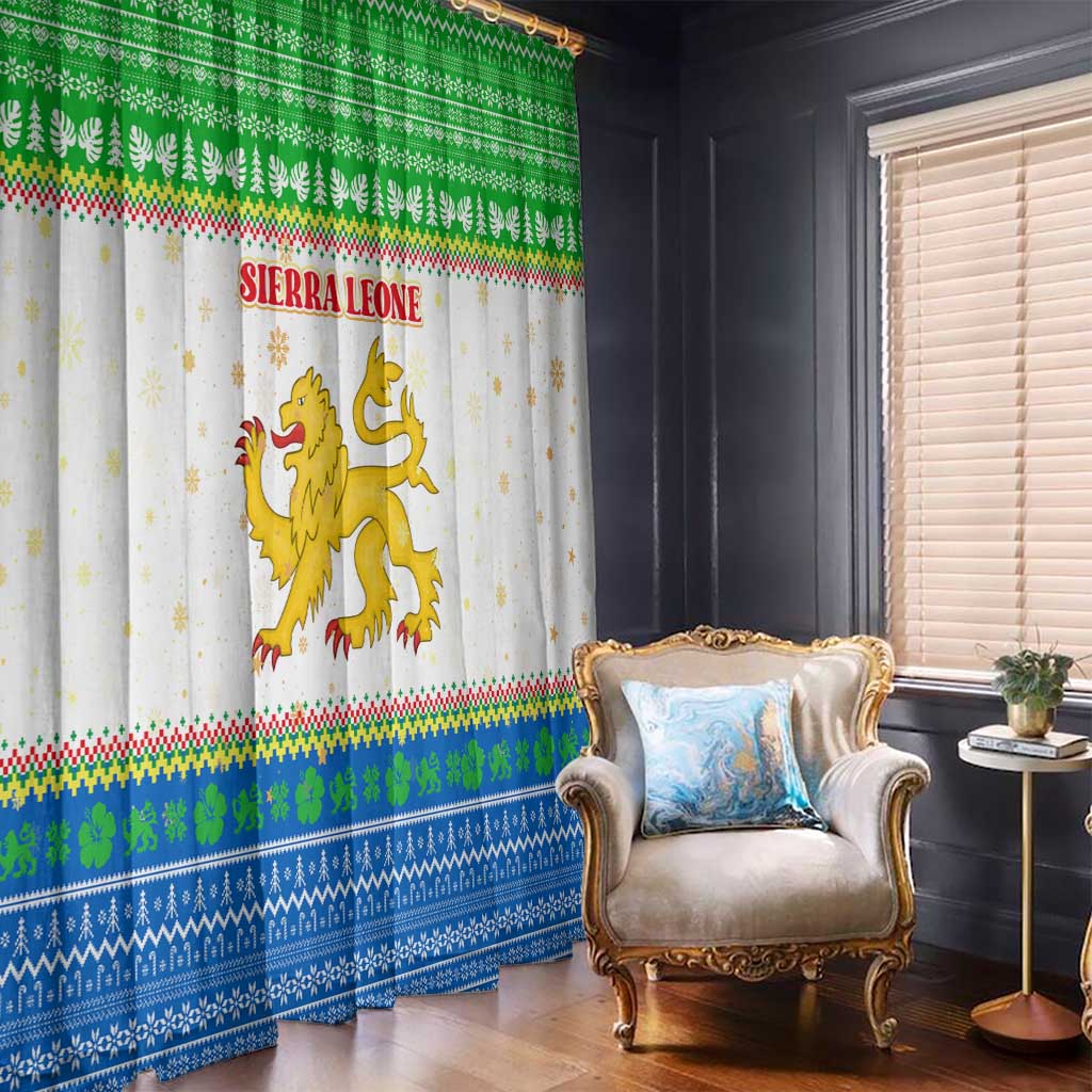 Sierra Leone Christmas Window Curtain with Festive Green Pattern, Golden Lion Emblem, and Santa Sleigh Motif - Wonder Print Shop