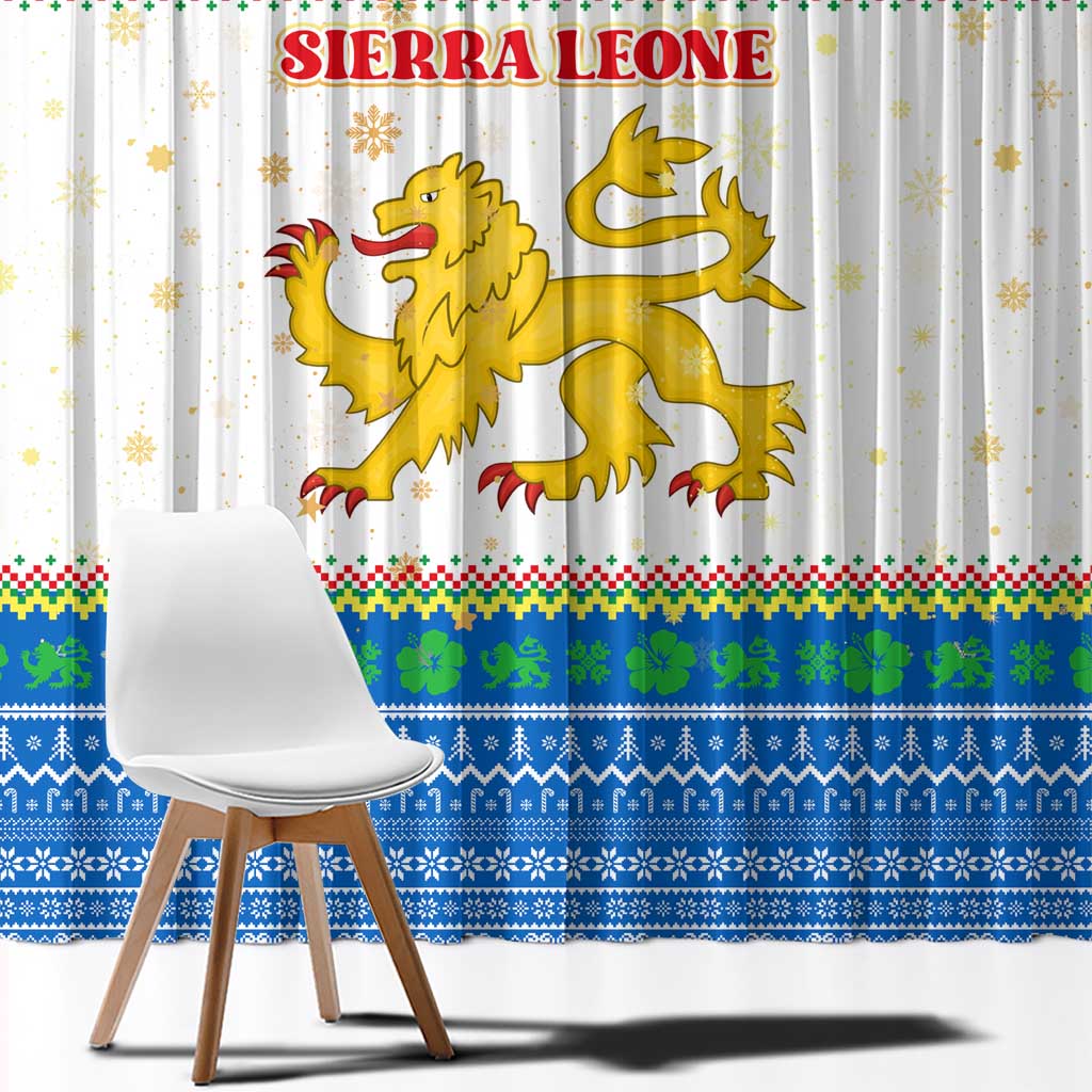 Sierra Leone Christmas Window Curtain with Festive Green Pattern, Golden Lion Emblem, and Santa Sleigh Motif - Wonder Print Shop