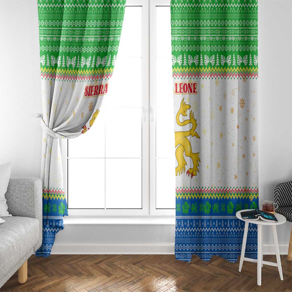 Sierra Leone Christmas Window Curtain with Festive Green Pattern, Golden Lion Emblem, and Santa Sleigh Motif - Wonder Print Shop
