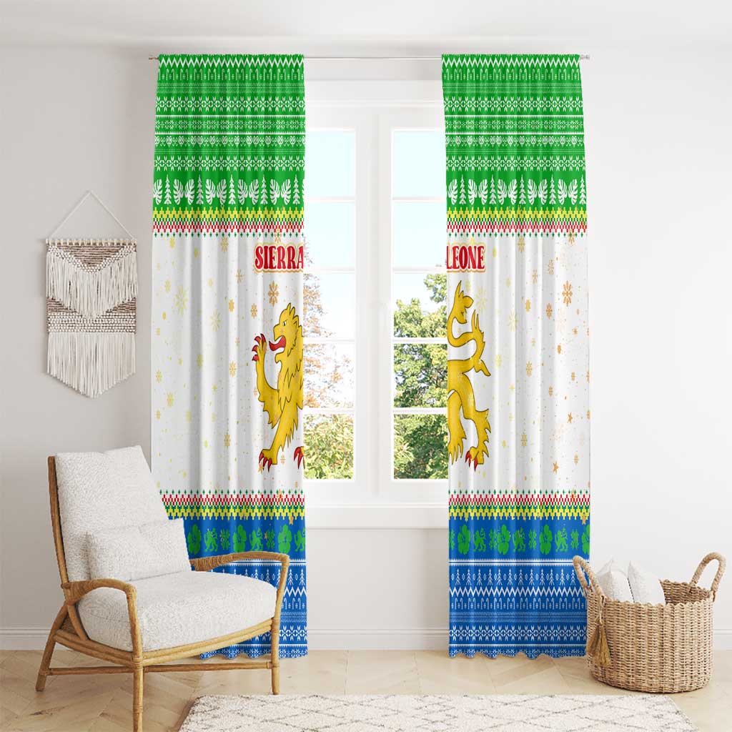 Sierra Leone Christmas Window Curtain with Festive Green Pattern, Golden Lion Emblem, and Santa Sleigh Motif - Wonder Print Shop
