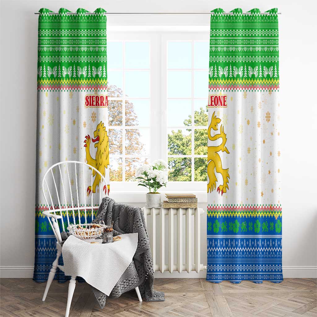 Sierra Leone Christmas Window Curtain with Festive Green Pattern, Golden Lion Emblem, and Santa Sleigh Motif - Wonder Print Shop