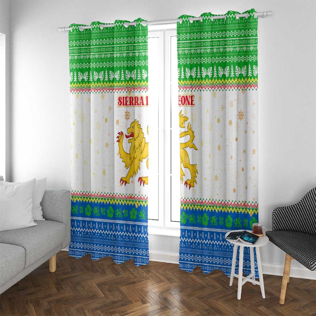 Sierra Leone Christmas Window Curtain with Festive Green Pattern, Golden Lion Emblem, and Santa Sleigh Motif - Wonder Print Shop
