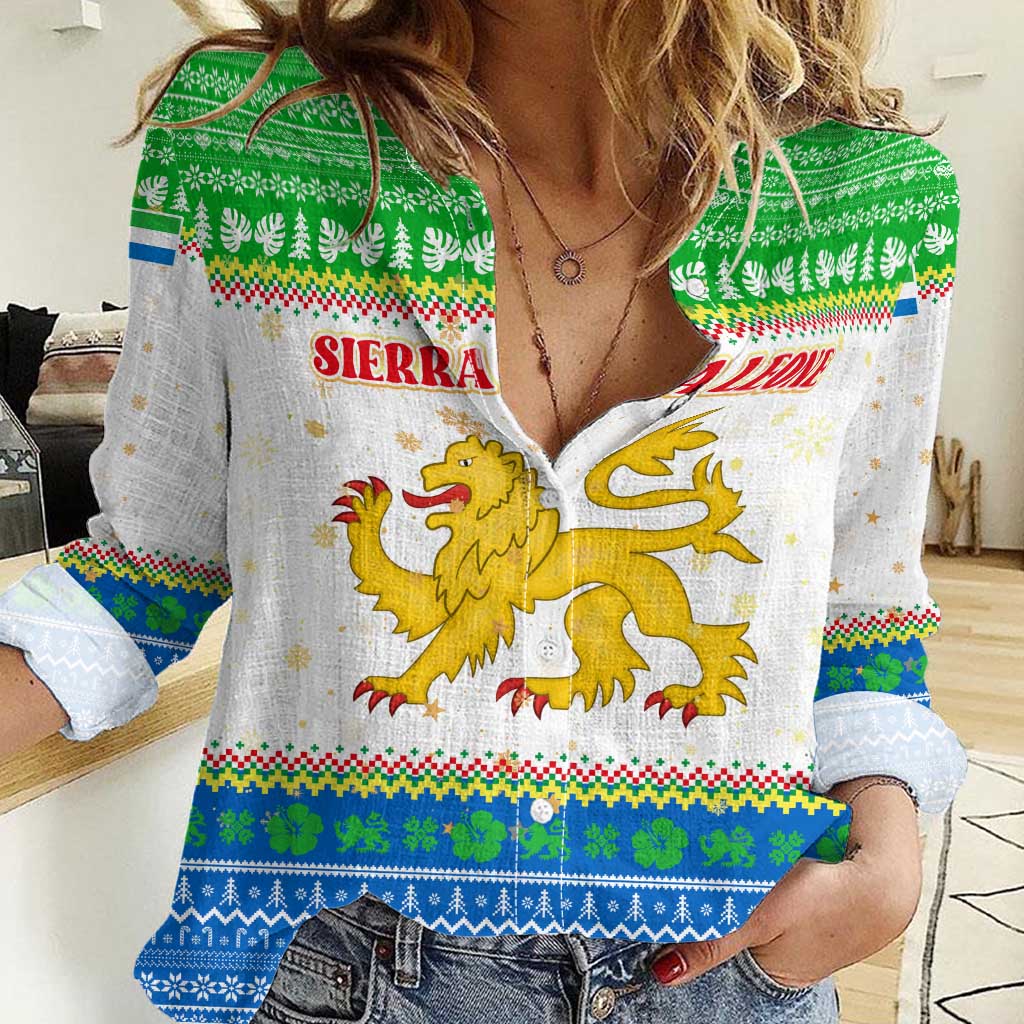 Sierra Leone Christmas Women Casual Shirt with Festive Green Pattern, Golden Lion Emblem, and Santa Sleigh Motif - Wonder Print Shop
