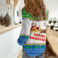 Sierra Leone Christmas Women Casual Shirt with Festive Green Pattern, Golden Lion Emblem, and Santa Sleigh Motif - Wonder Print Shop