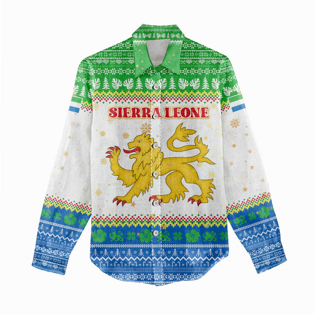 Sierra Leone Christmas Women Casual Shirt with Festive Green Pattern, Golden Lion Emblem, and Santa Sleigh Motif - Wonder Print Shop