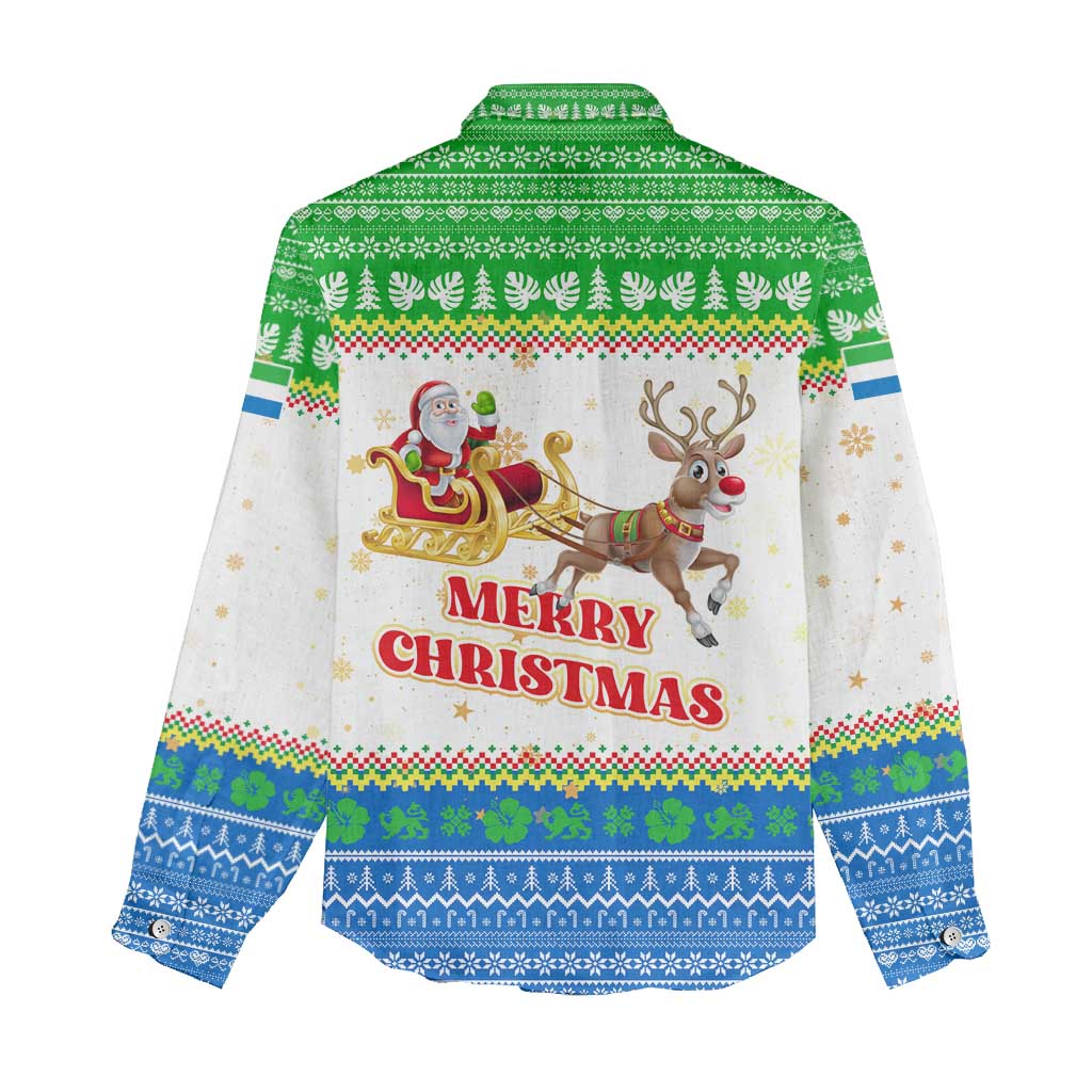 Sierra Leone Christmas Women Casual Shirt with Festive Green Pattern, Golden Lion Emblem, and Santa Sleigh Motif - Wonder Print Shop