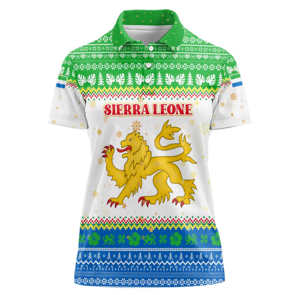 Sierra Leone Christmas Women Polo Shirt with Festive Green Pattern, Golden Lion Emblem, and Santa Sleigh Motif - Wonder Print Shop