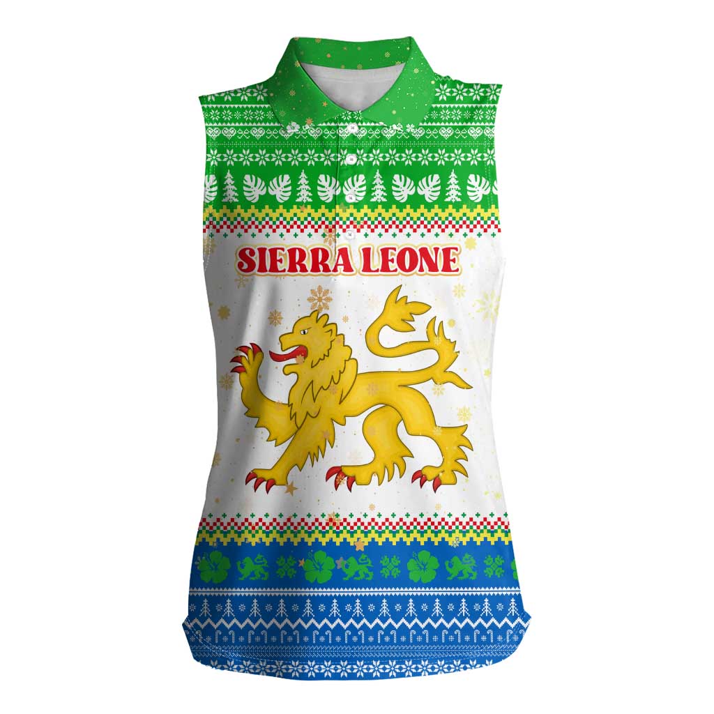 Sierra Leone Christmas Women Sleeveless Polo Shirt with Festive Green Pattern, Golden Lion Emblem, and Santa Sleigh Motif - Wonder Print Shop