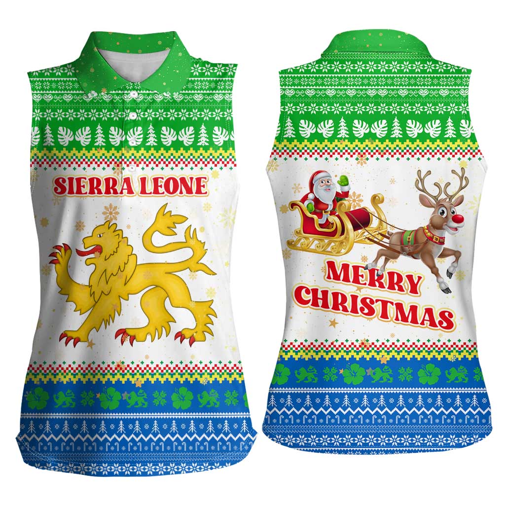 Sierra Leone Christmas Women Sleeveless Polo Shirt with Festive Green Pattern, Golden Lion Emblem, and Santa Sleigh Motif - Wonder Print Shop