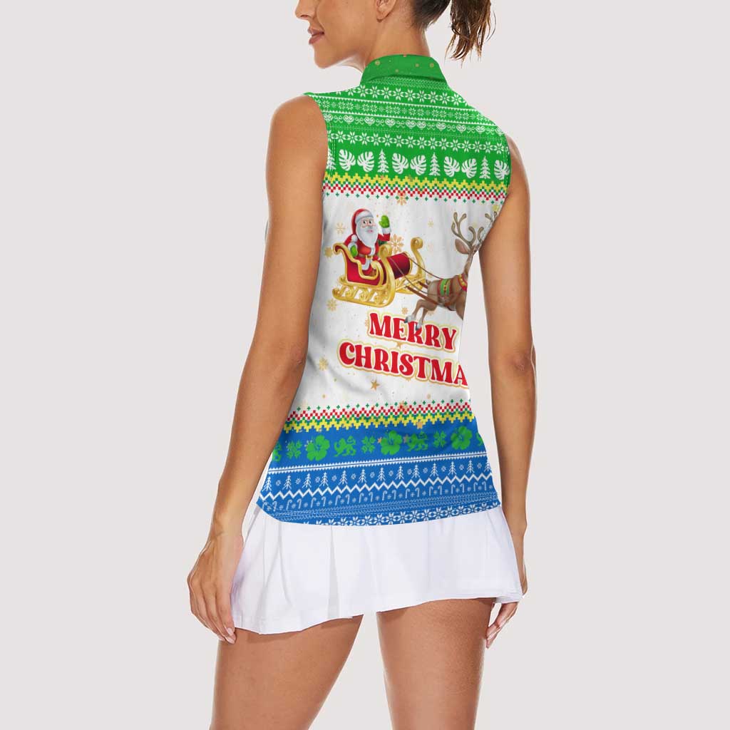 Sierra Leone Christmas Women Sleeveless Polo Shirt with Festive Green Pattern, Golden Lion Emblem, and Santa Sleigh Motif - Wonder Print Shop