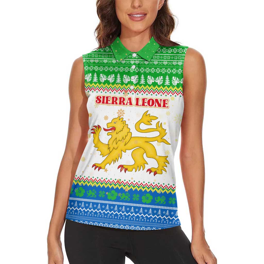 Sierra Leone Christmas Women Sleeveless Polo Shirt with Festive Green Pattern, Golden Lion Emblem, and Santa Sleigh Motif - Wonder Print Shop