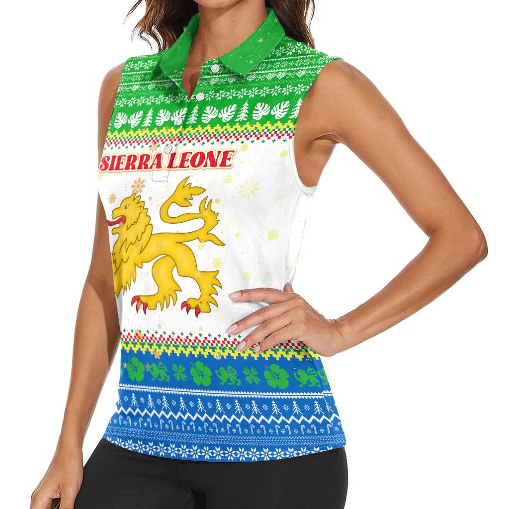 Sierra Leone Christmas Women Sleeveless Polo Shirt with Festive Green Pattern, Golden Lion Emblem, and Santa Sleigh Motif - Wonder Print Shop