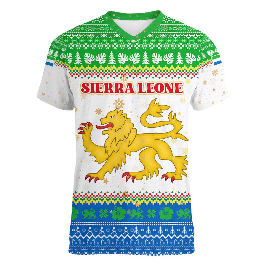 Sierra Leone Christmas Women V-Neck T-Shirt with Festive Green Pattern, Golden Lion Emblem, and Santa Sleigh Motif - Wonder Print Shop