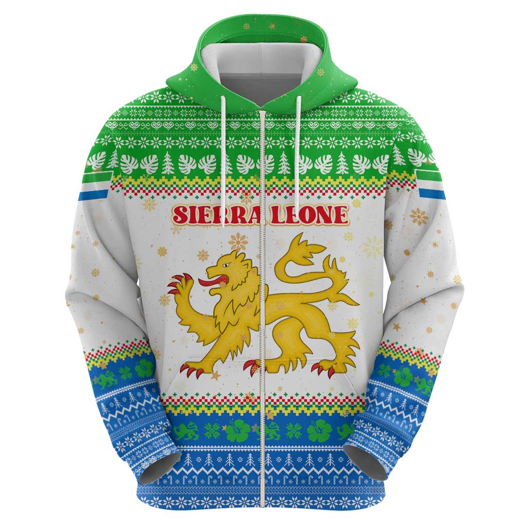 Sierra Leone Christmas Zip Hoodie with Festive Green Pattern, Golden Lion Emblem, and Santa Sleigh Motif - Wonder Print Shop