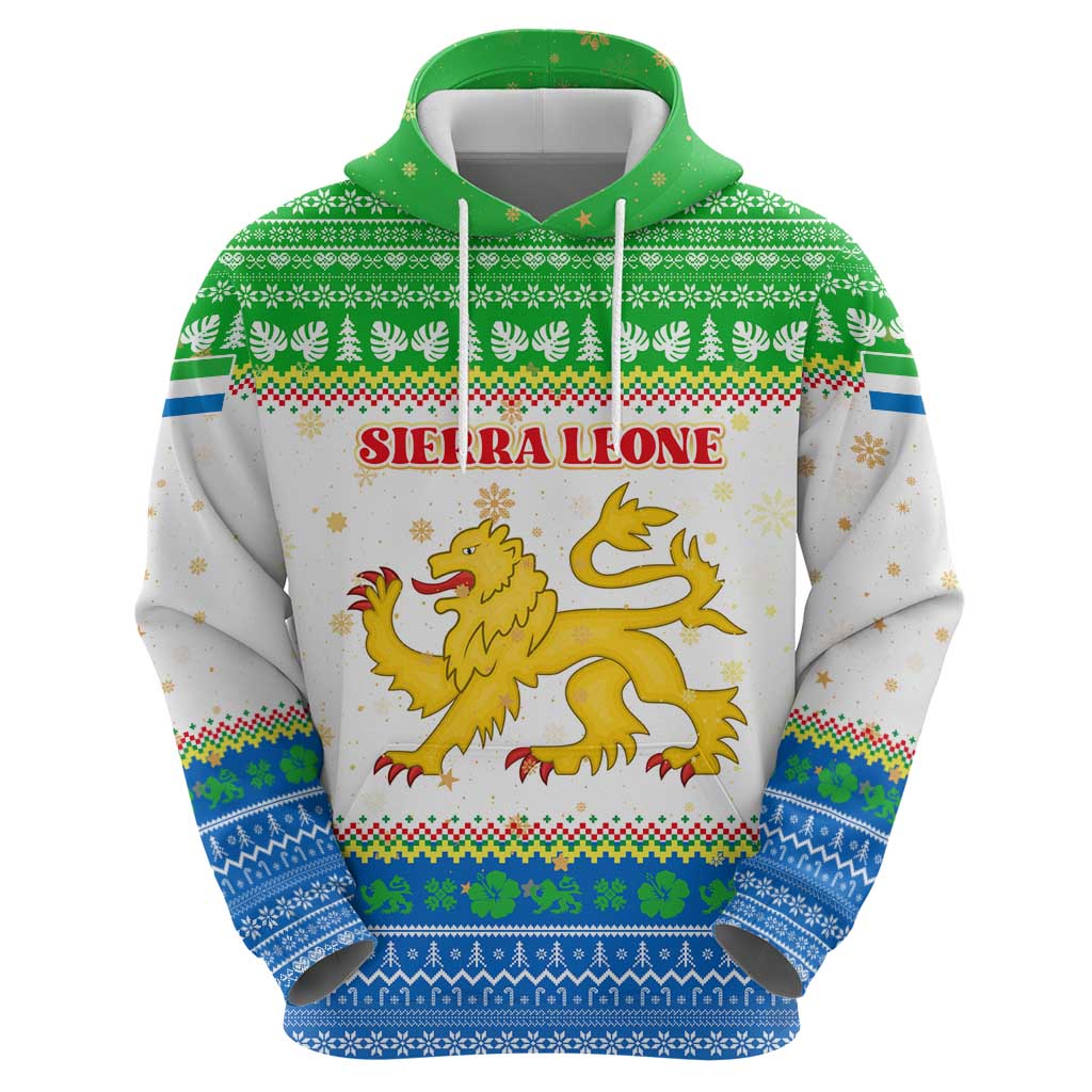 Sierra Leone Christmas Zip Hoodie with Festive Green Pattern, Golden Lion Emblem, and Santa Sleigh Motif - Wonder Print Shop