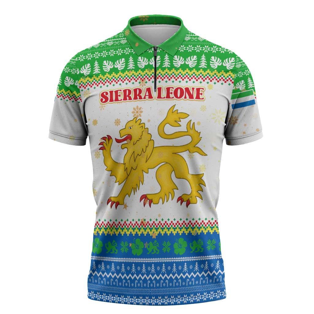 Sierra Leone Christmas Zipper Polo Shirt with Festive Green Pattern, Golden Lion Emblem, and Santa Sleigh Motif - Wonder Print Shop