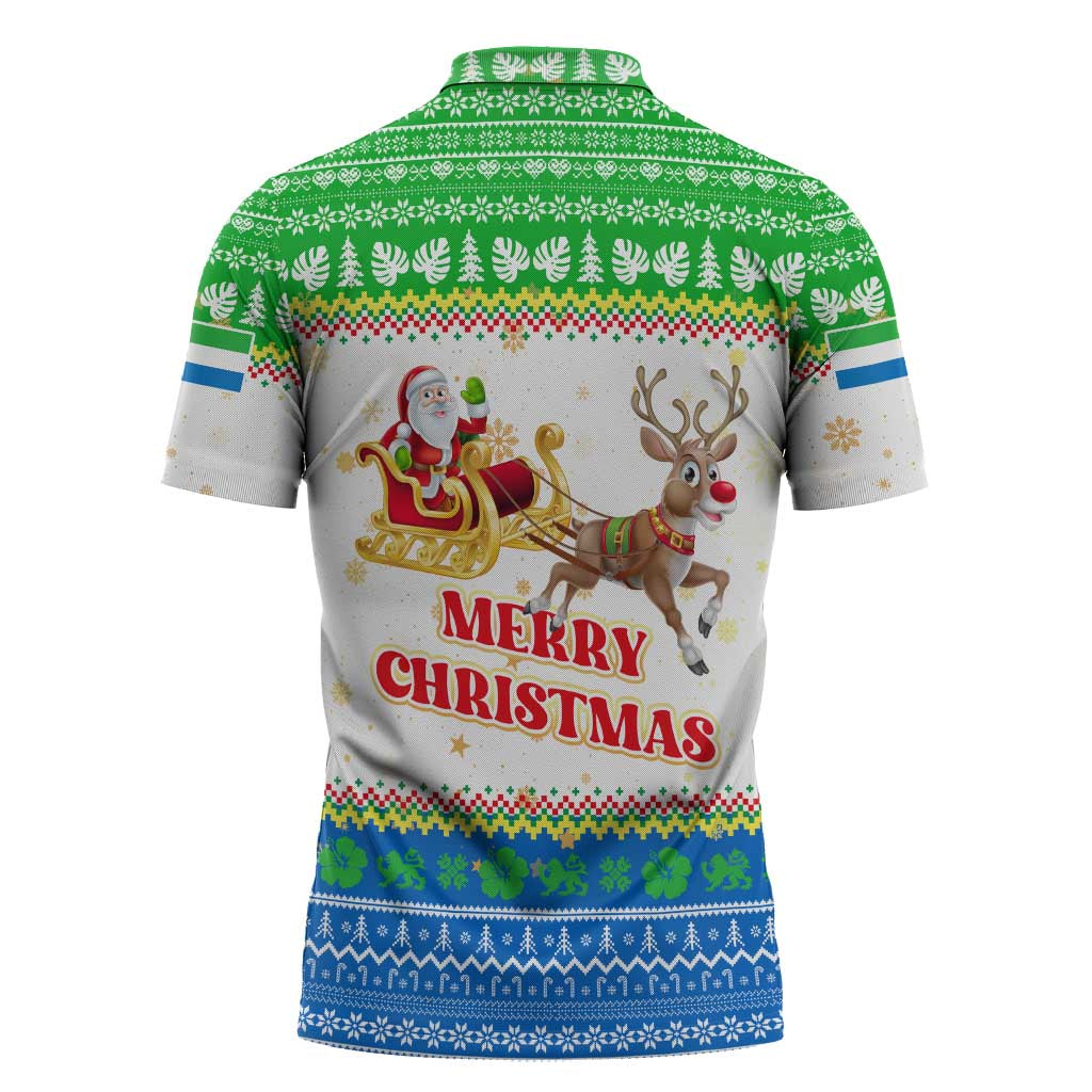 Sierra Leone Christmas Zipper Polo Shirt with Festive Green Pattern, Golden Lion Emblem, and Santa Sleigh Motif - Wonder Print Shop