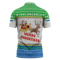 Sierra Leone Christmas Zipper Polo Shirt with Festive Green Pattern, Golden Lion Emblem, and Santa Sleigh Motif - Wonder Print Shop