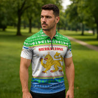 Sierra Leone Christmas Zipper Polo Shirt with Festive Green Pattern, Golden Lion Emblem, and Santa Sleigh Motif - Wonder Print Shop