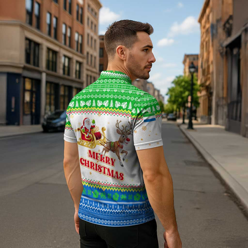 Sierra Leone Christmas Zipper Polo Shirt with Festive Green Pattern, Golden Lion Emblem, and Santa Sleigh Motif - Wonder Print Shop