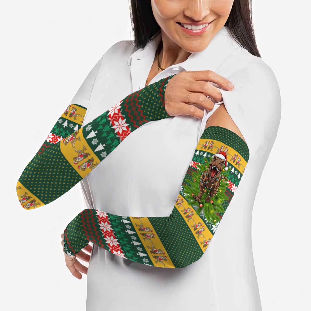 Christmas T Rex In Noel Tree Arm Sleeves Xmas Holiday Patterns - Wonder Print Shop