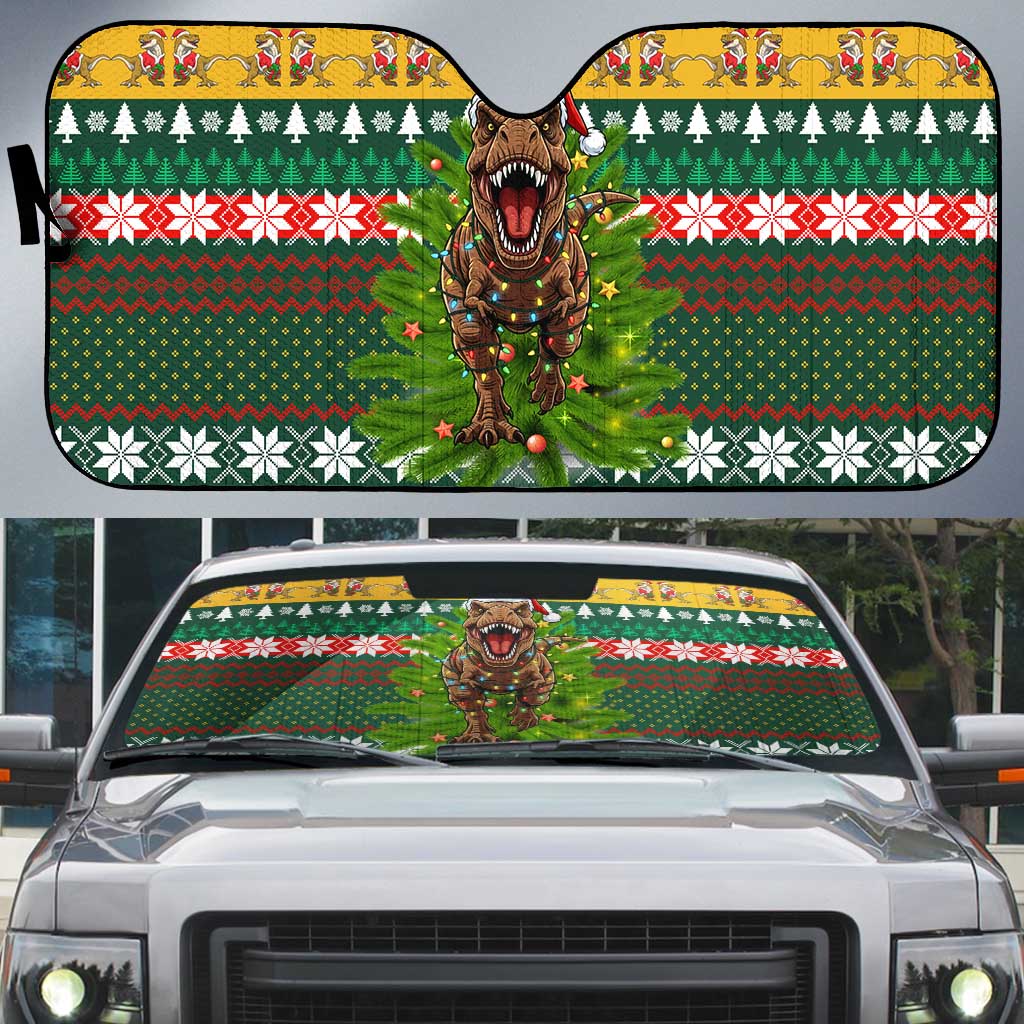 Christmas T Rex In Noel Tree Auto Sun Shade Xmas Holiday Patterns - Wonder Print Shop